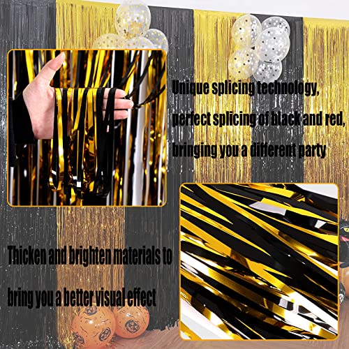 Image of 4 Pack Black Gold Foil Fringe Curtain Backdrop, 3.28Ft x 8.2Ft Metallic Tinsel Foil Fringe Streamers Curtains for Photo Booth, Wedding, Graduation, Birthday, Carnival Party Decoration