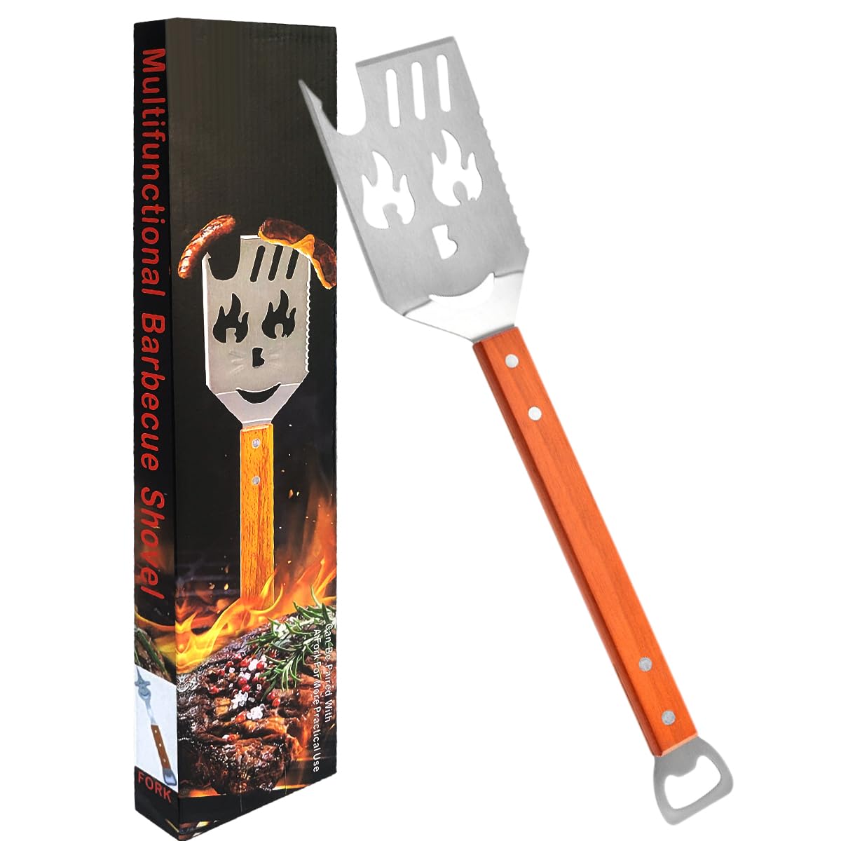7 in 1 Multifunction BBQ Tool, BBQ Spatula for Outdoor Grill, Extra Long Grill Accessories Stainless Steel, Wooden Handle Barbecue Utensils, Holiday, Gifts for Men - Small