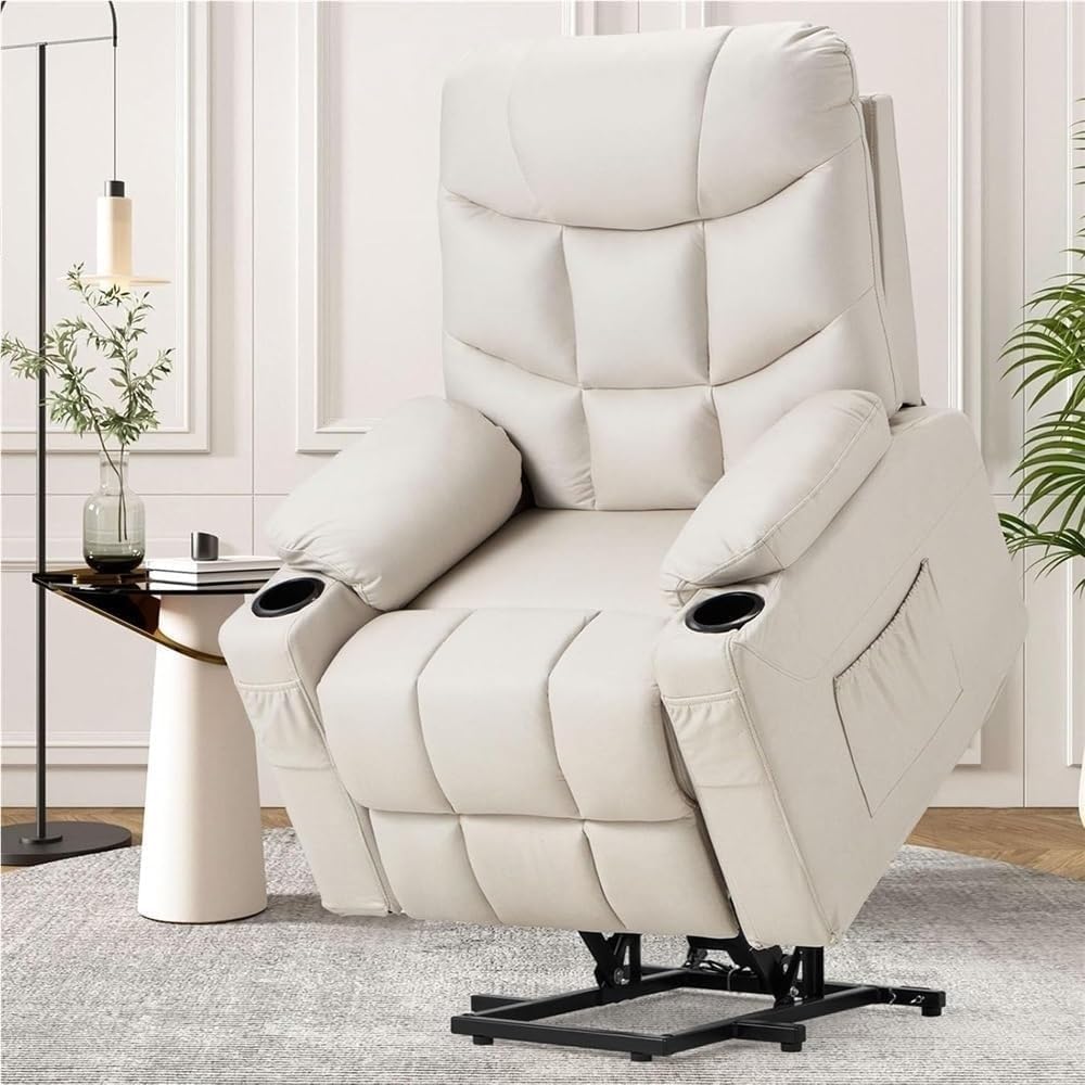 Electric Lift Recliner Chair for Seniors with Heated Vibration Massage USB Port Side Pockets Cup Holders Comfortable Seating
