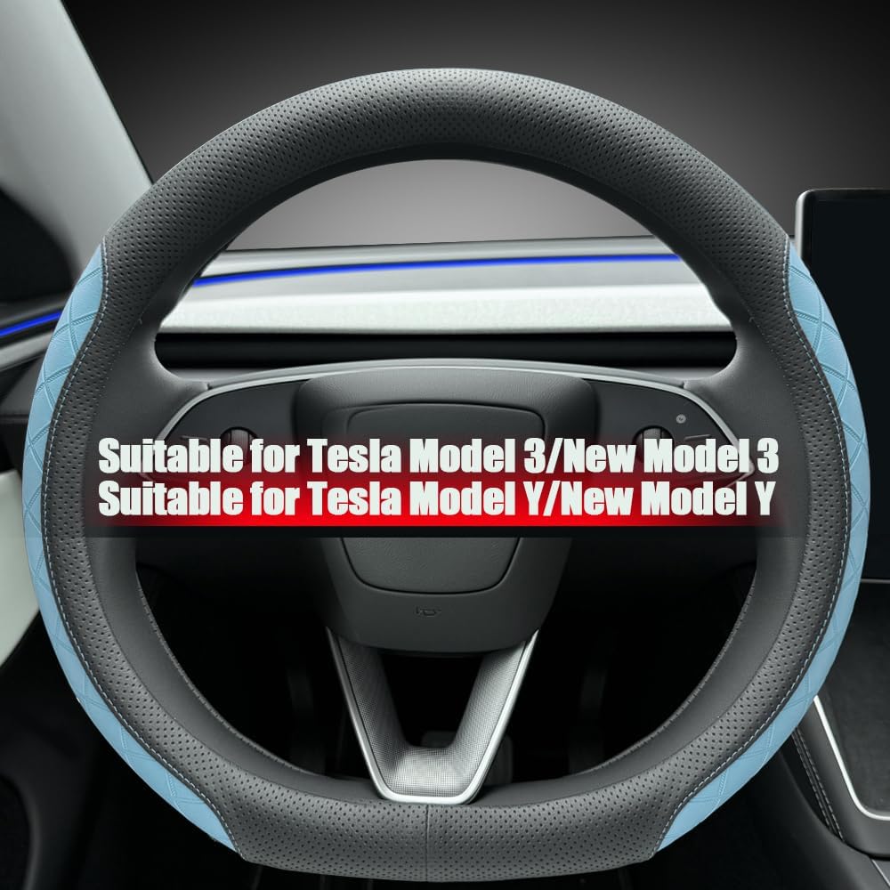 LKWLIKEI Leather Steering Wheel Cover. Elegant Diamond Checkered Design, Non-Slip and Breathable, for Tesla Model 3/Y Steering Wheel Protector,Black Blue