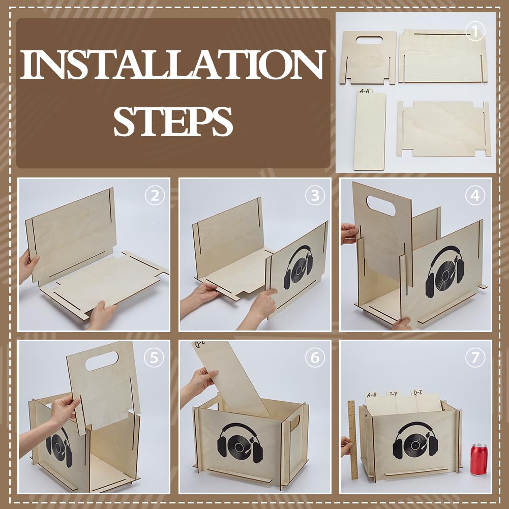 FINGERINSPIRE - Caja de almacenamiento para discos de vinilo (25,5 x 23,5 x 35 cm, color verge d'oro pálido, para discos de madera, con asas perforadas para discos musicales