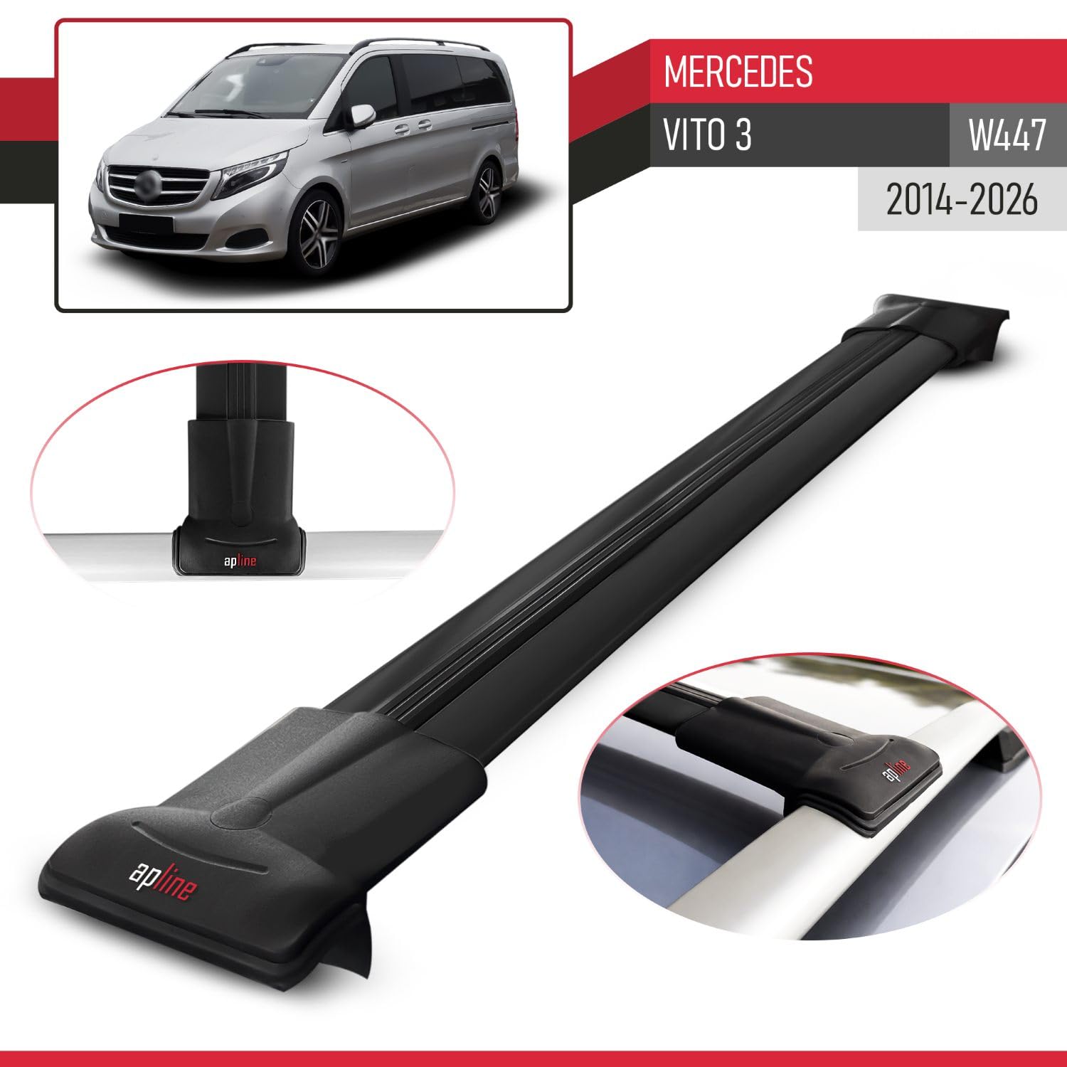 Compatible avec Mercedes Vito 3 (W447) 2014-2026 Fly Modèle Barres de Toit Railing Porte-Bagages de Voiture Aluminium Noir 3 Barres