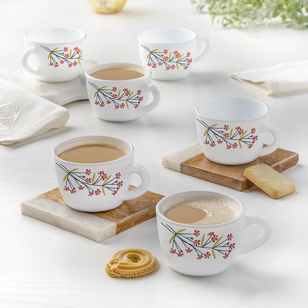 Larah by BOROSIL Silk Series Red Bud Opalware Tea/Coffee Cups Set of 6 pcs 140 ml Each | Microwave & Dishwasher Safe, Bone-Ash Free | Crockery Set Ideal for Daily Use & Gifting, White