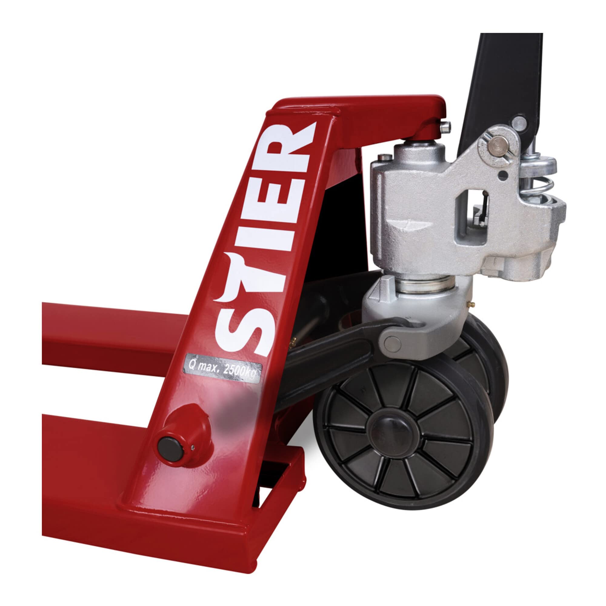 STIER Gabelhubwagen Tragkraft 2500kg Gabellänge 1150mm Nylon-Reifen mit Quicklift, Handhubwagen mit Industrie-Stahlrahmen, wartungsarme Handhydraulik, Lenkeinschlag von 210°