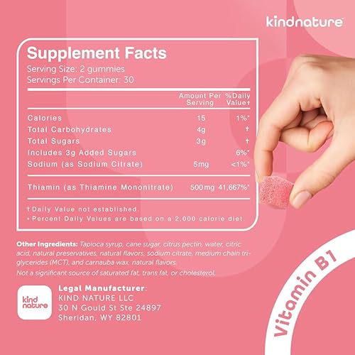 Miniatura 3 de Kind Nature Gomitas de vitamina B1 de 500 mg  Suplemento de tiamina de alta potencia para energía, enfoque y sistema nervioso  Vitaminas B1