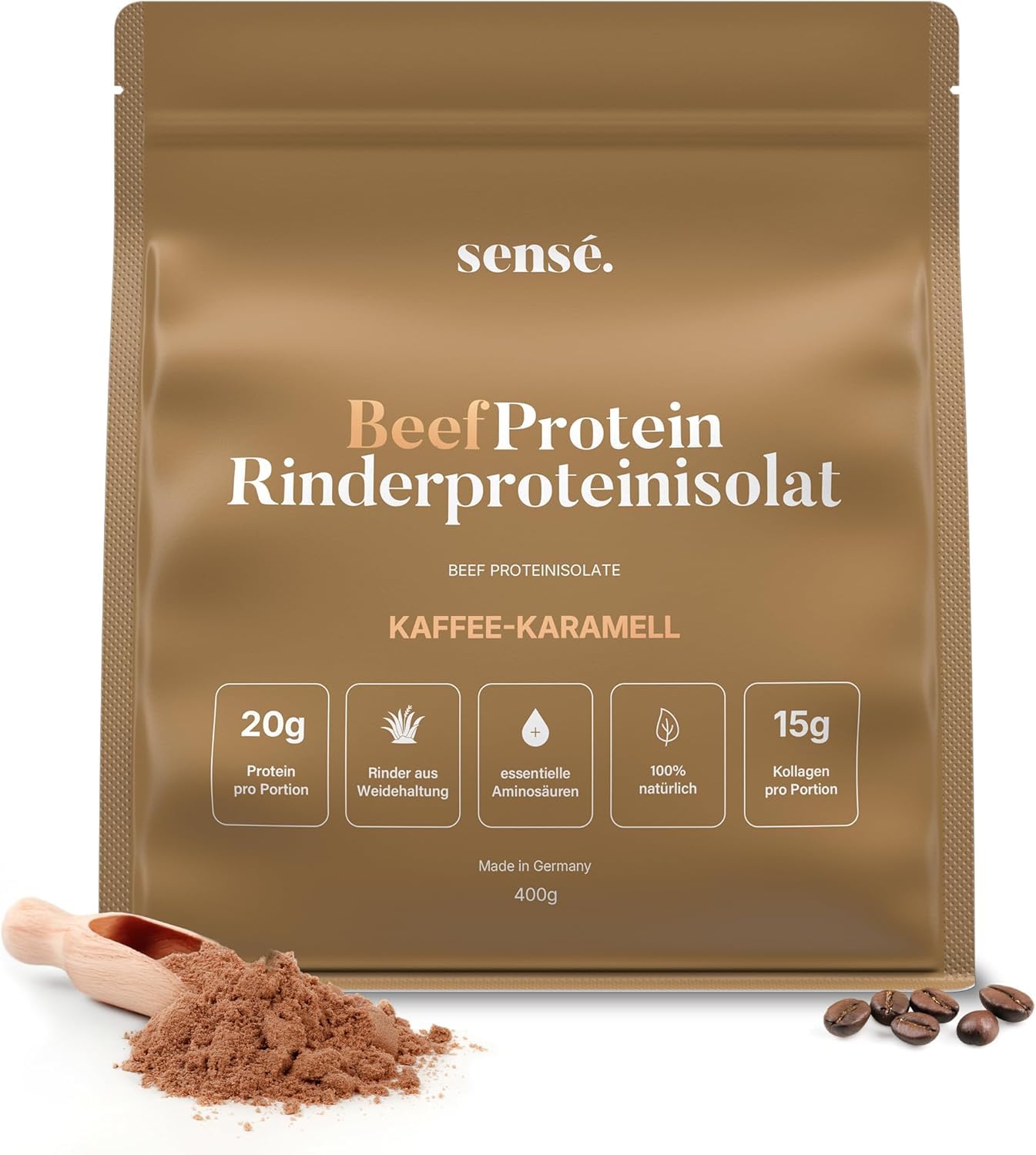 Poudre de protéines de bœuf au café et au caramel 400 g - 100% naturel | 20 g de protéines | 5% de café instantané et d'écorces de psyllium | Bioactif | Collagène 1, 2 et 3 | Bouillon d'os de bœuf
