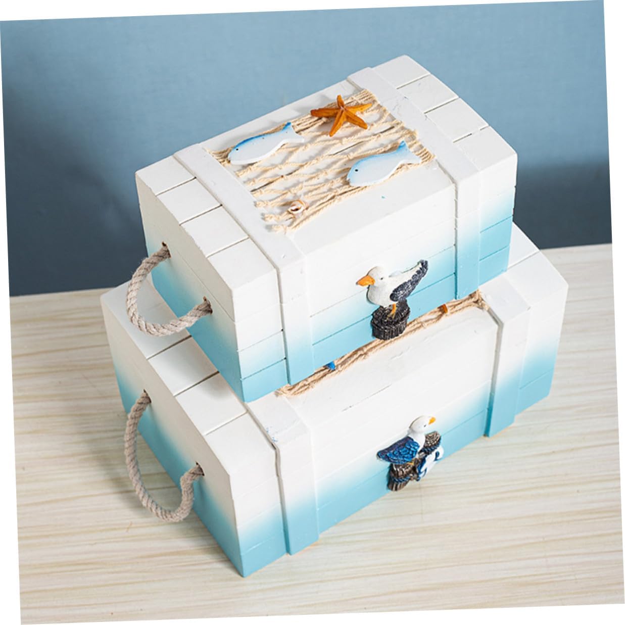 Alipis 2pcs Nautical Beach Jewelry Storage Boxes Wooden Keepsake Trunks Mediterranean Style Makeup Organizer Decorative Desktop Props for Home and Photography