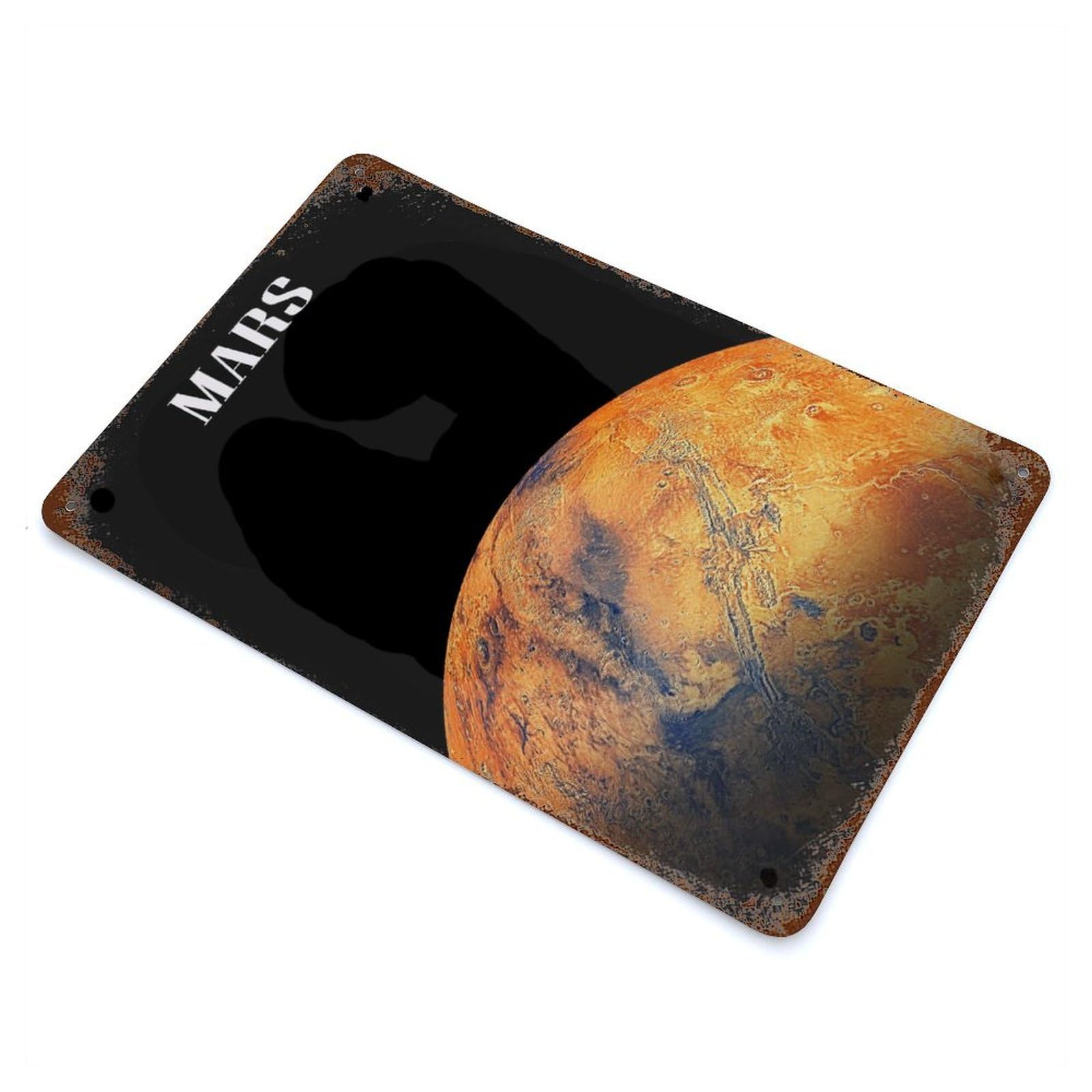 Decorative Tin Sign with Planet Mars Space Design 11.8"x7.9", for Basement, Hobby Room And Garage Decor, Rustic Home Decor