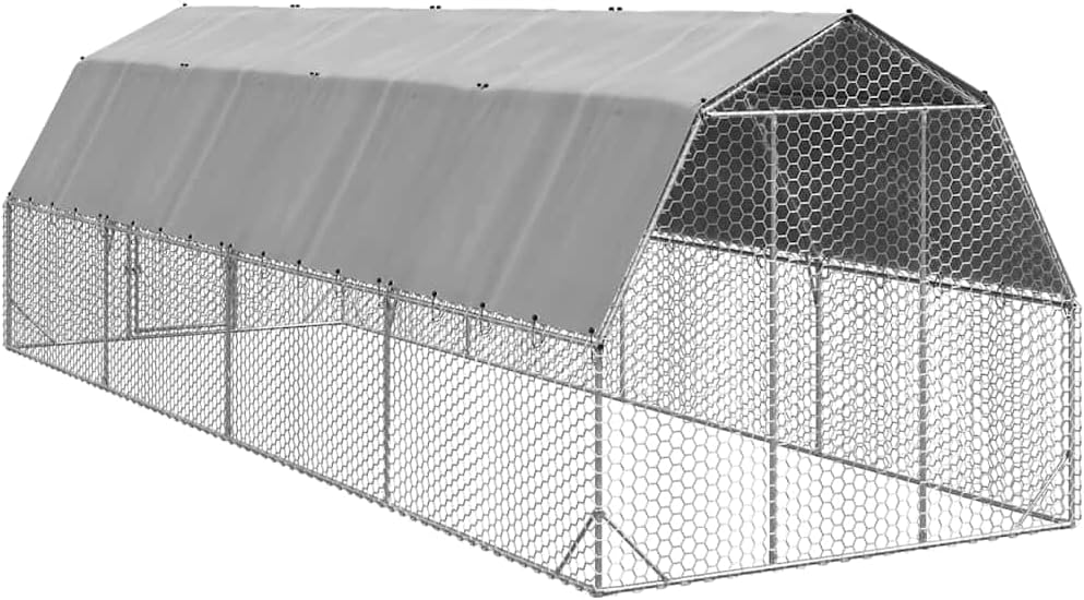 بزاوية view of the assembled chicken run frame with mesh and roof structure