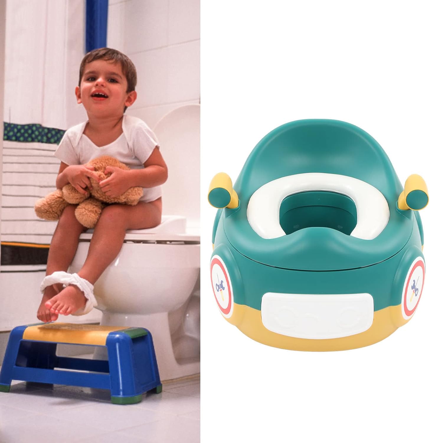 Baby Training Toilet,Portable Cute Car Shape Children Multifunctional for Home Potty(Yellow Green)