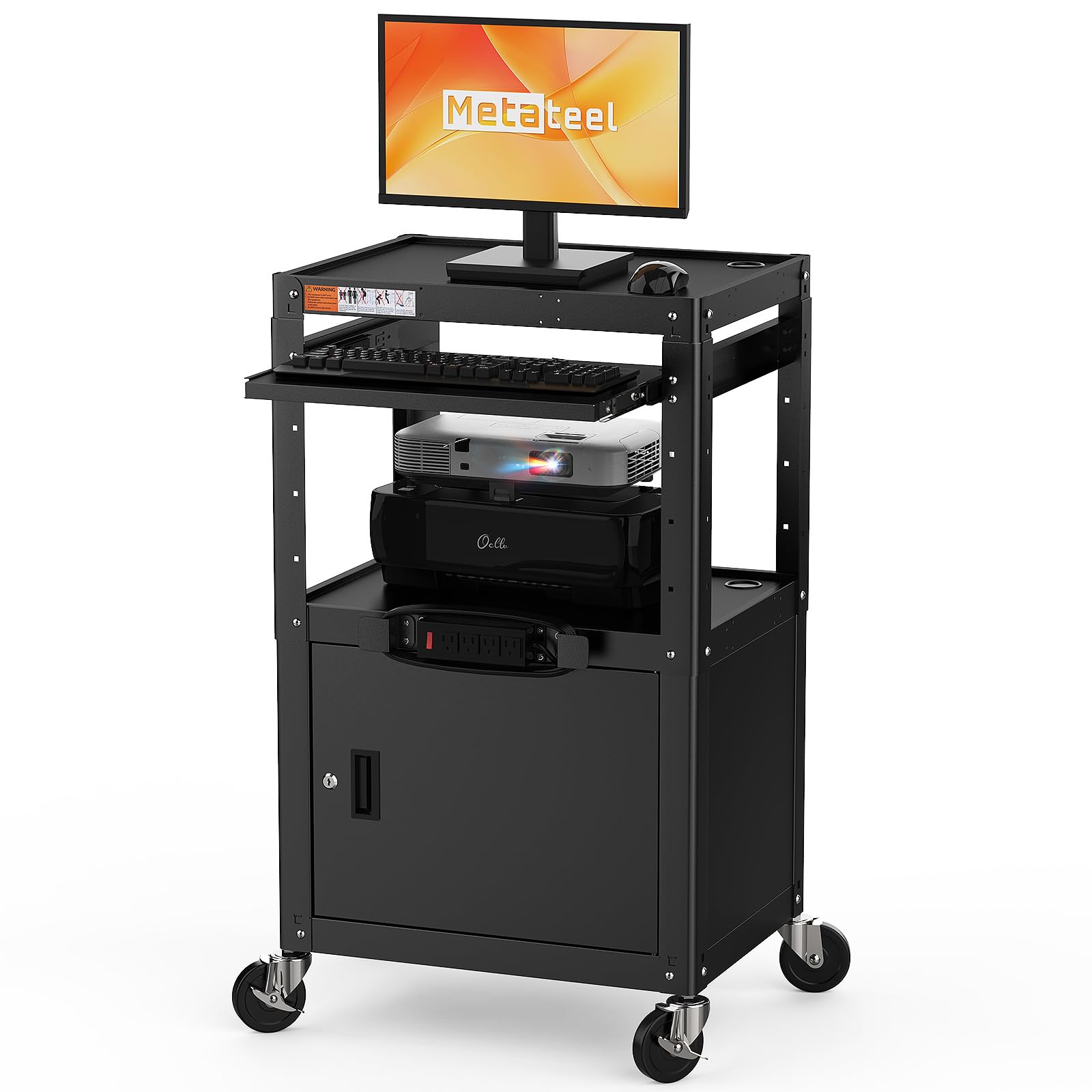 Steel Large AV Cart with Extra Storage - Adjustable Height Cart with Locking Cabinet, Pullout Tray, Power Strip, and Cord Management - Holds 300 lbs and Easy to Assemble (24'' x 18'' x 42'')