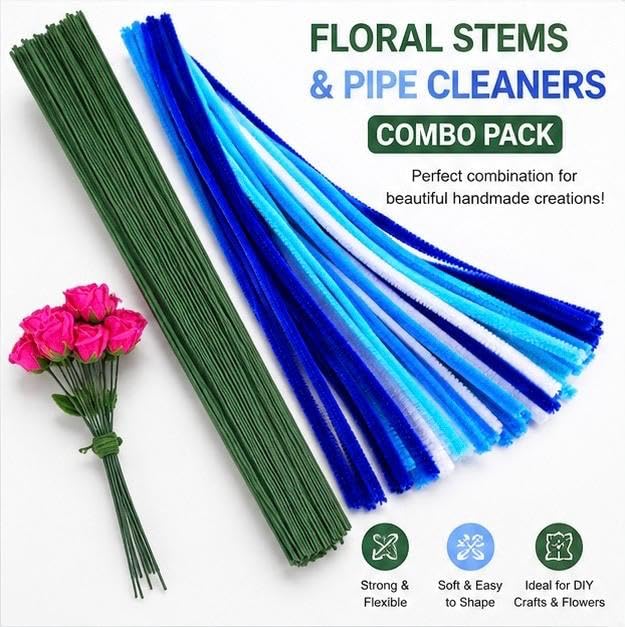 Image of TRAIS-100 PCS Pipe Cleaners, Chenille Stems for Crafts, Fuzzy Craft Pipe Cleaners, Soft Flexible Bendable Sticks for DIY Art Supplies, Kids Crafts, School Projects (Blue + 20 WIRE)