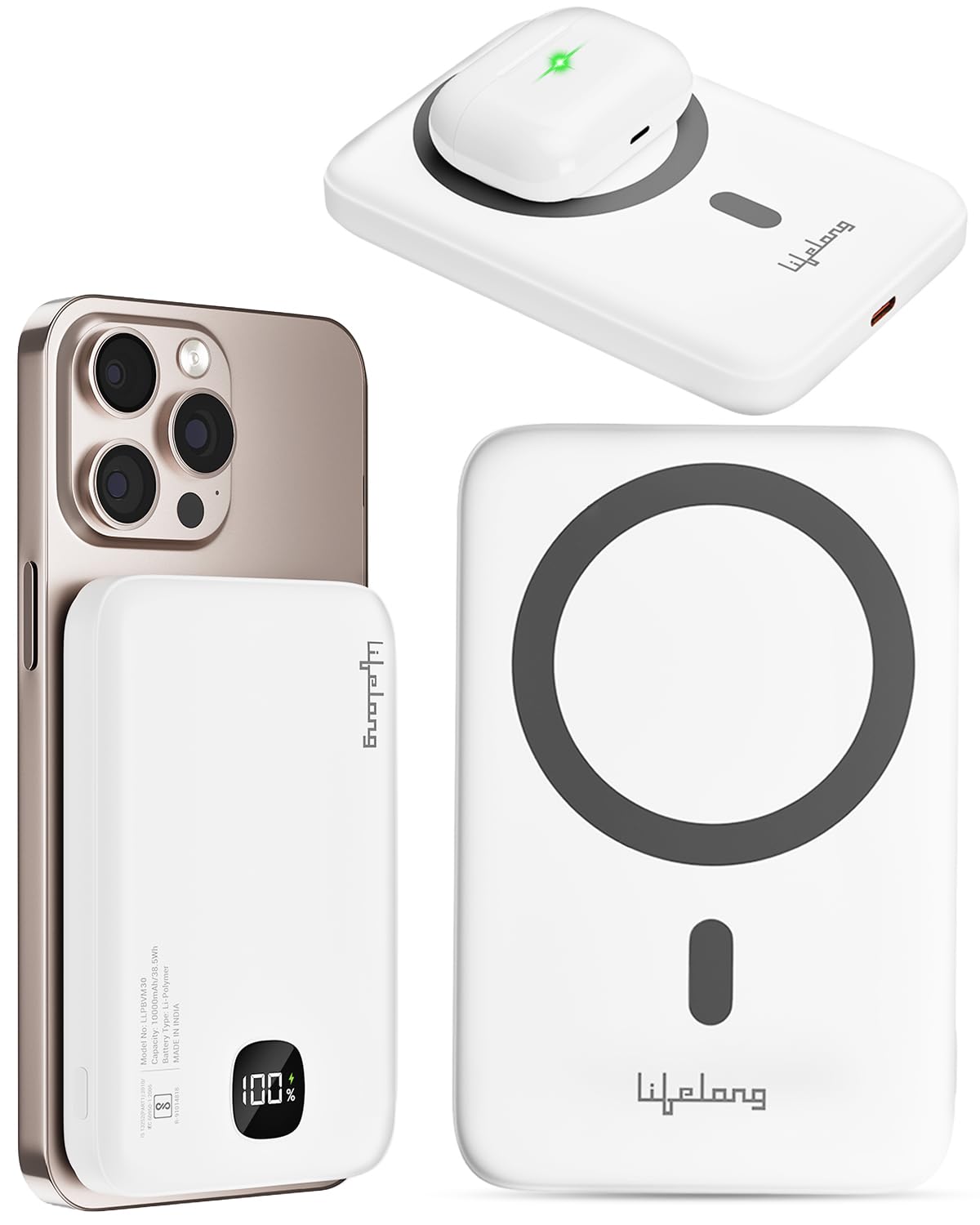 Lifelong Electronics MagSafe Wireless & Wired 10000mAH Power Bank | Fast Charging Powerbank for iPhone, Android & All Qi Devices | Digital Display & Strong Magnet Hold | Magnetic Ring & Cable Included