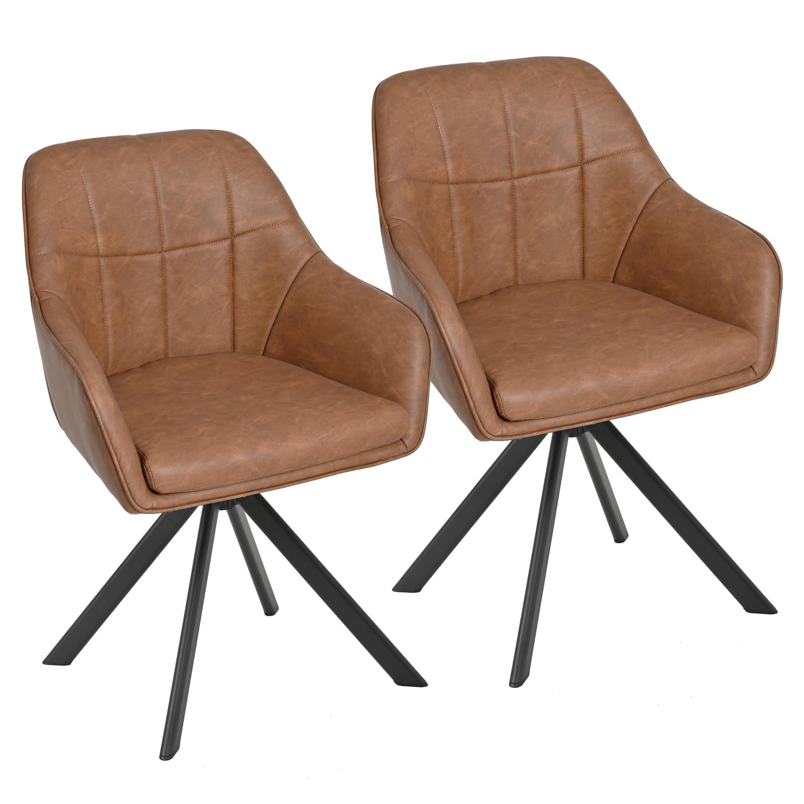 Goeurvant 360° Swivel Dining Chairs Set of 2, Brown PU leather Armchairs, Ergonomic Designed Chairs with Armrests and Metal Legs for Apartment, Dining Room, Kitchen, Study, Vanity, Office