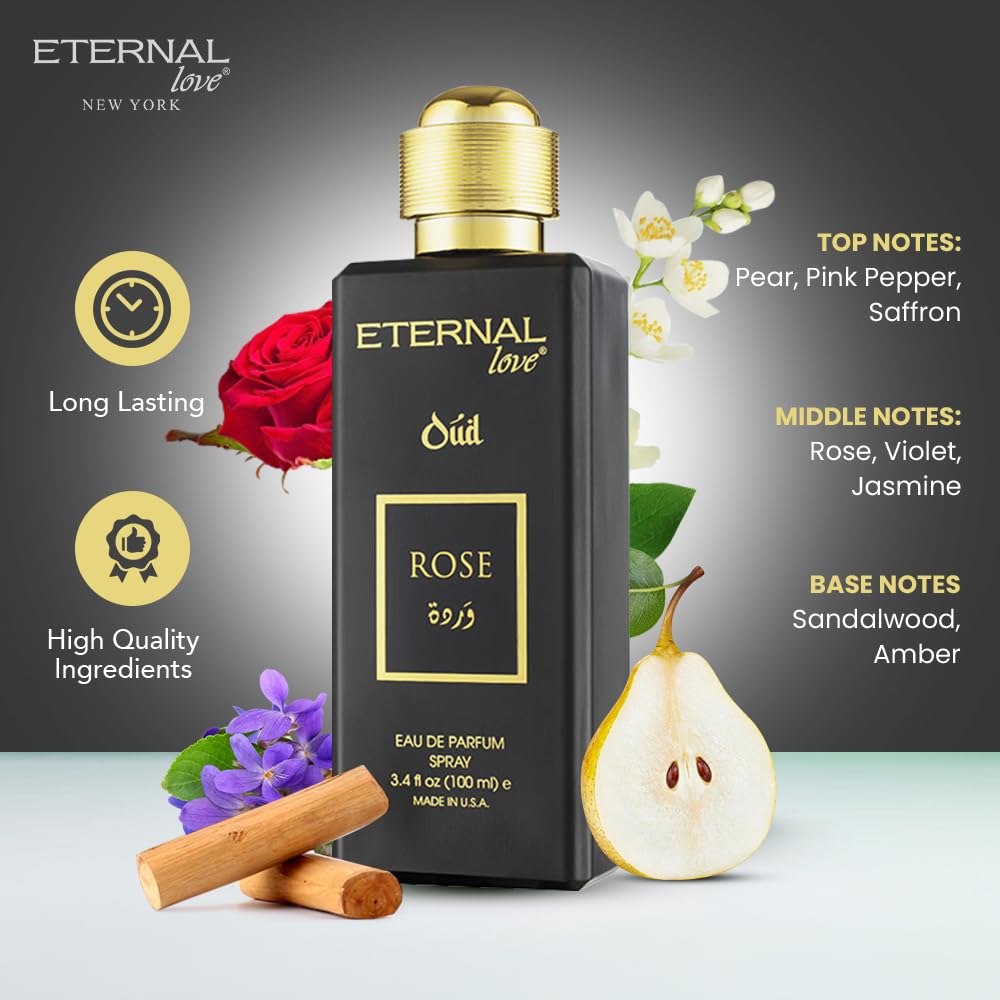 Eternal Love Rose Oud - Long Lasting Unisex Eau de Parfum - Romantic Floral Oriental Fragrance with Oud & Rose - Dubai Inspired Arabic Scent - 3.4oz - Image 2