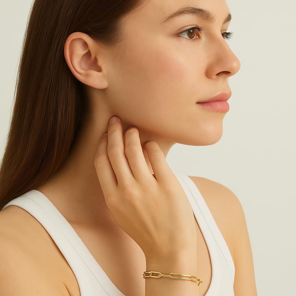 5mm 14K Solid Gold Paperclip Bracelet for Women & Men - 14K Real Gold Paperclip Bracelet for Men & Women Jewelry Gifts (7-8 Inches)