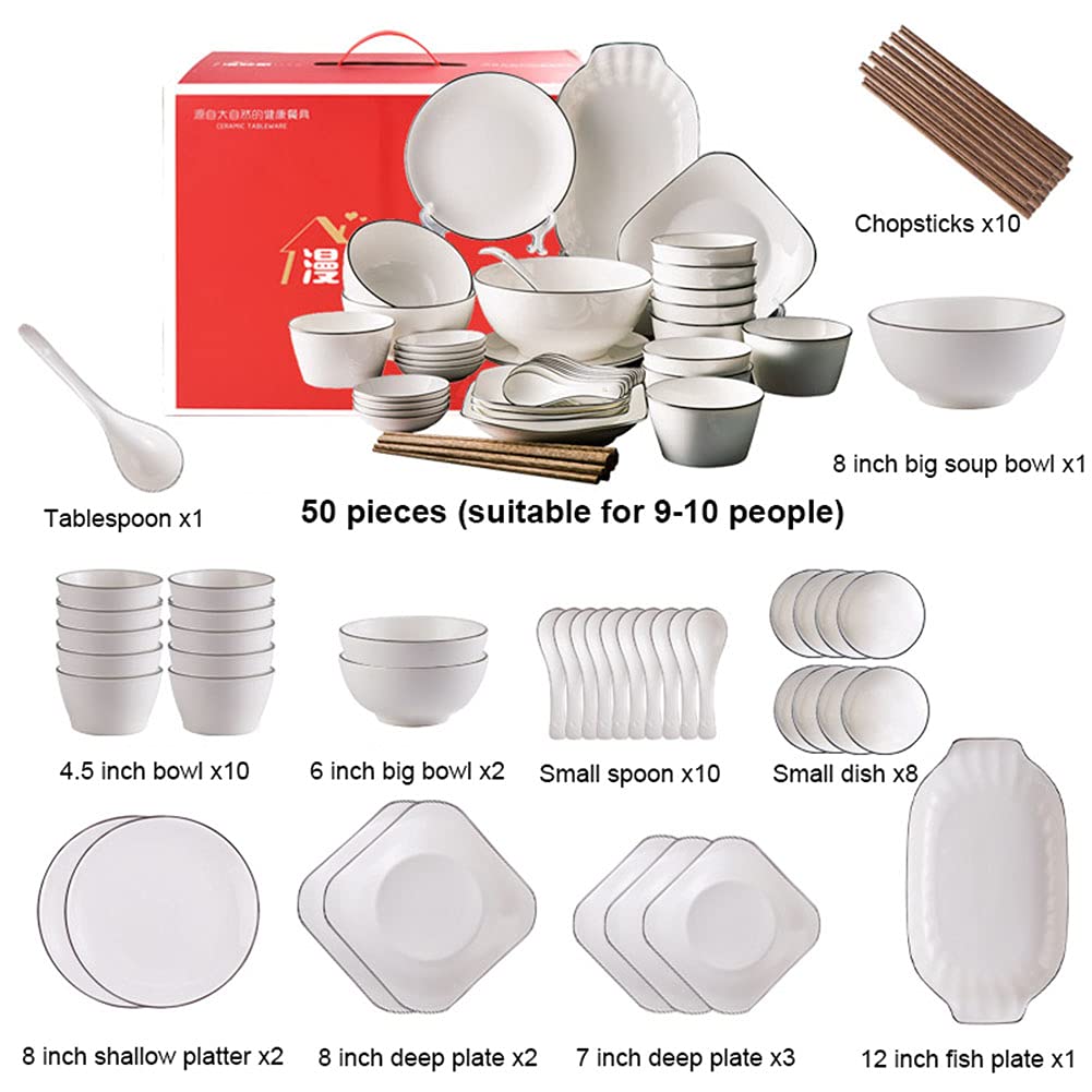 Service de vaisselle blanc 50 pièces, ensembles d'assiettes et de bols en céramique (service pour 6-8), cuisson à haute température, four à micro-ondes, armoire de désinfection, passe au lave-vaisse
