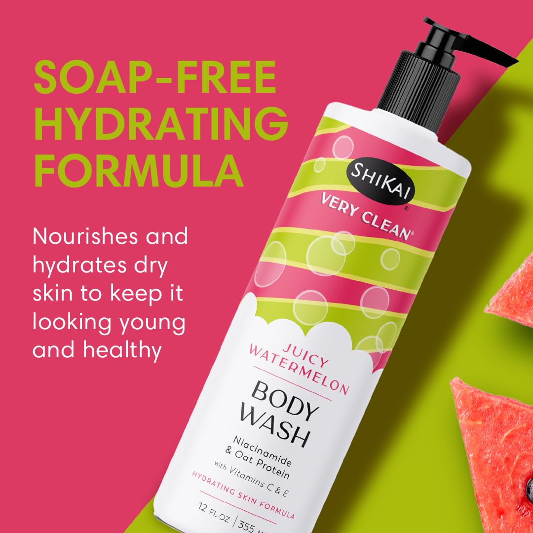ShiKai Very Clean Body Wash (Juicy Watermelon, 12 oz) | Hydrating Gel Cleanser for Dry Skin | With Niacinamide, Oat Protein, Vitamins C & E