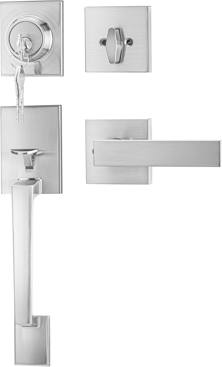 goldenwarm Front Door Handle and Deadbolt Set, Brushed Nickel Front Door Lock Set with Reversible Handle Lever, Modern Front Door Hardware, Front Door Handles and Locks Square + Deadbolt Brushed Nickel