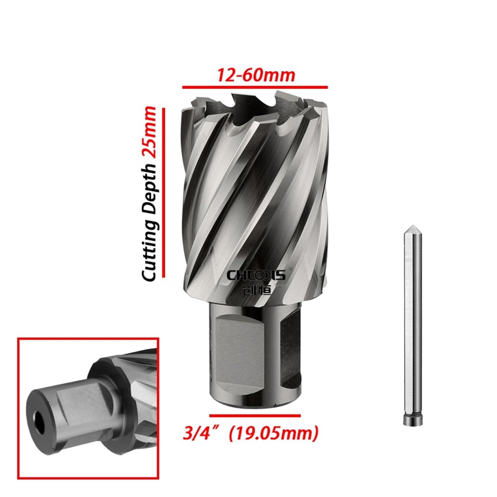 Fresa anulare HSS da 25, 50, 75 mm, punta for trapano a corona 12-60, gambo 3/4" cavo(Cutting depth 25mm,Diameter 41mm)