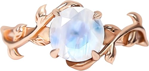 Miniatura 8 de ASANA - Anillo de compromiso único de piedra lunar para mujer, oro rosa de 14 quilates sobre plata de ley, anillo de compromiso único, banda