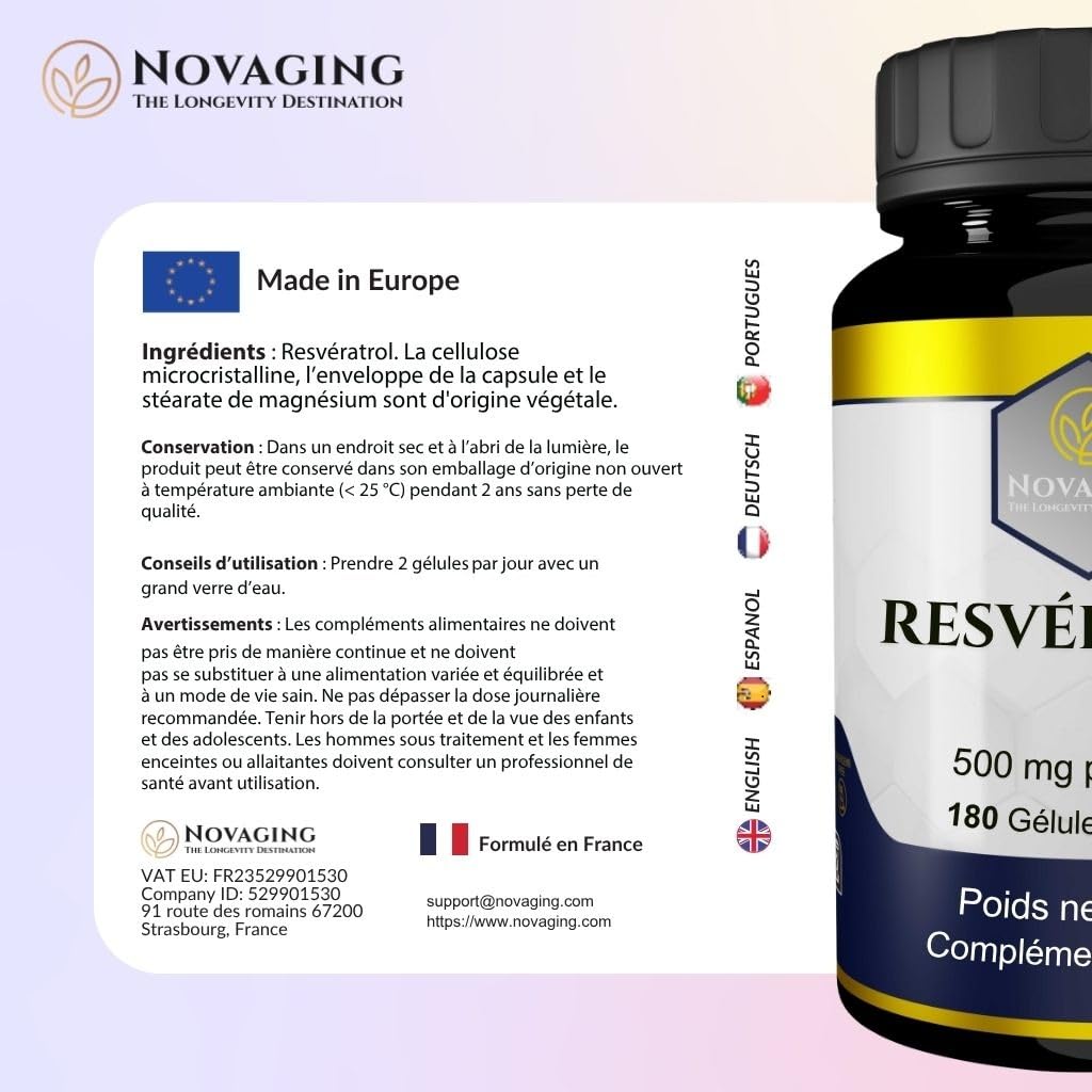 Resvératrol Pur 98%, 180 Gélules Vegan, 3 mois de cure. | Extrait de Polygonum Cuspidatum. Précisément dosé. Testé Sans OGM ni Allergènes. NovAging®