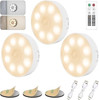 Schrankbeleuchtung mit Fernbedienung, [3 Farben] Kabellos Unterbauleuchte Mini Selbstklebende Sensor Licht, Dimmbar Puck Light Schranklicht mit Timer, für Küche, Treppen, Babyzimmer - 3 Stück