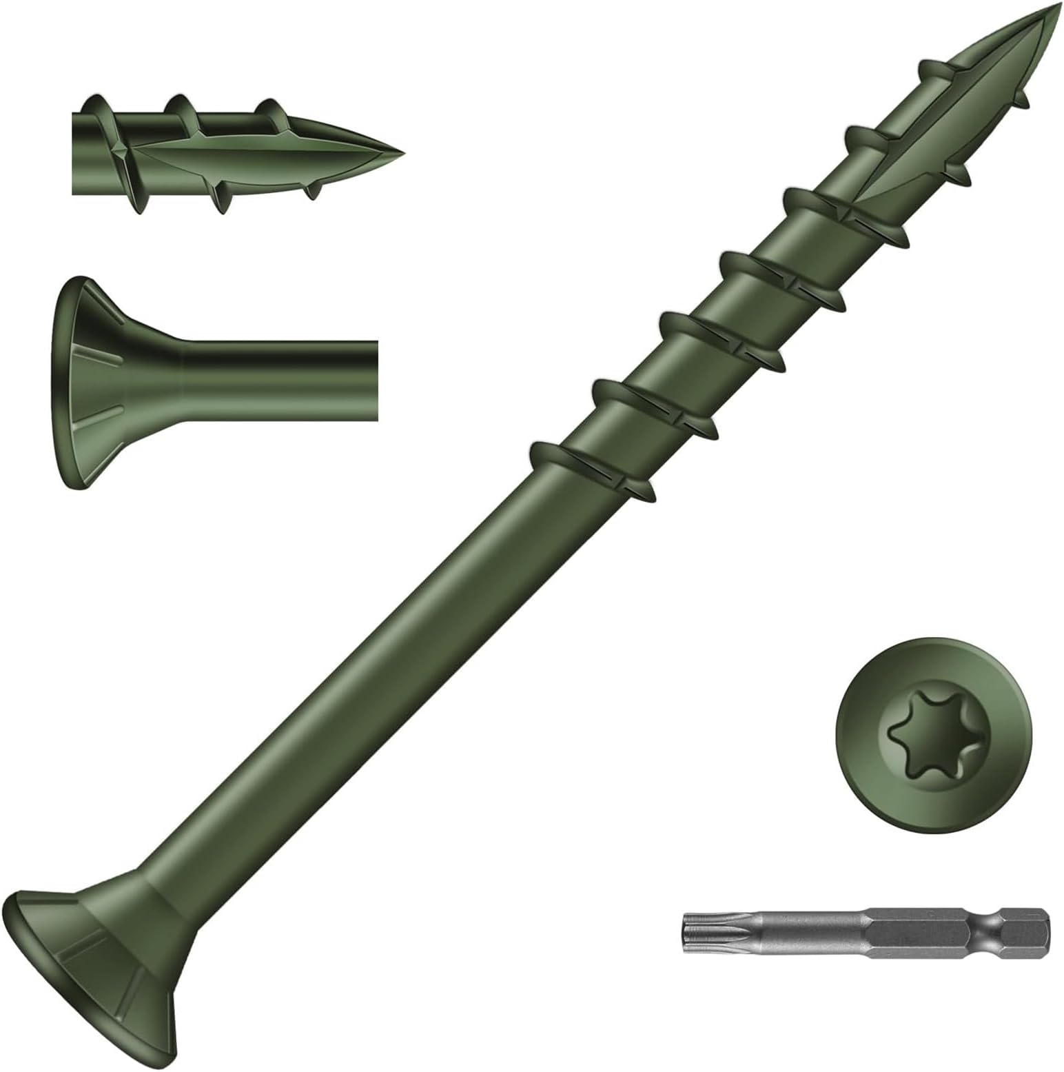 50Pcs 4.2 x 50mm Decking Screws, Green Wood Screws, Flat Head Deck Screw, Torx Drive Screw for Wood Timber, T25 Star Bit Included