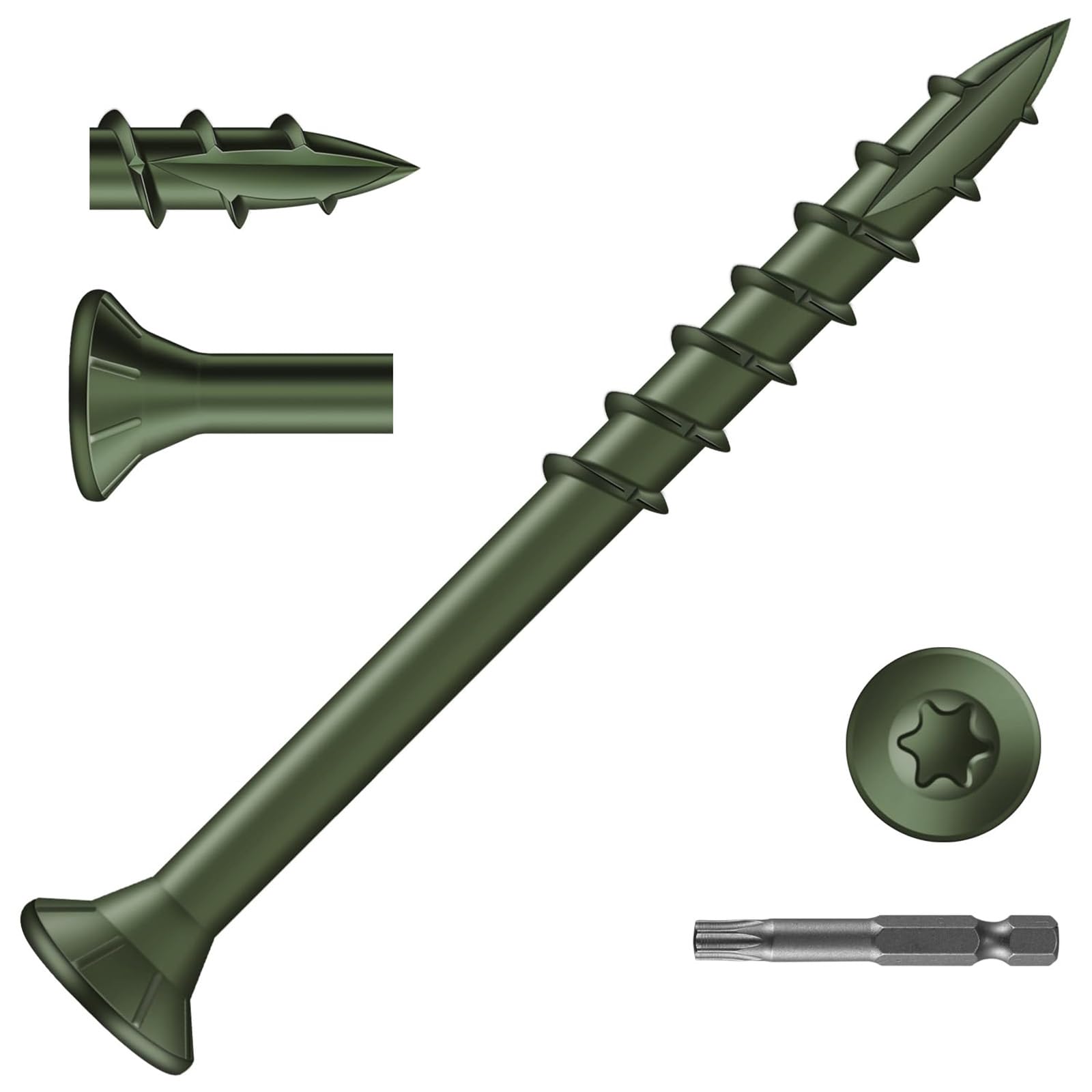 50Pcs 4.2 x 50mm Decking Screws, Green Wood Screws, Flat Head Deck Screw, Torx Drive Screw for Wood Timber, T25 Star Bit Included