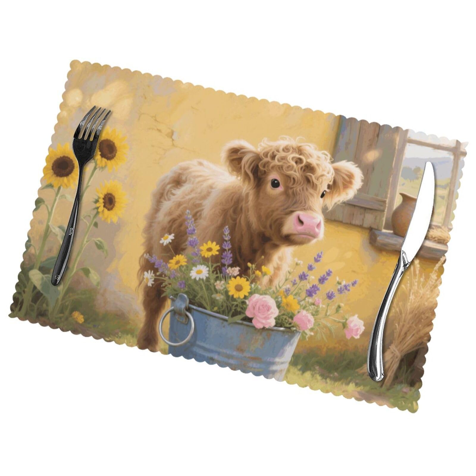 12x18 Inchplacemats Set of 6, Farmhouse Cow Place Mats for Kitchen Dinning, Heat Resistant Anti Slip Table Mats, Waterproof Washable Placemat for Indoor Outdoor Party Kitchen Dining Table Décor
