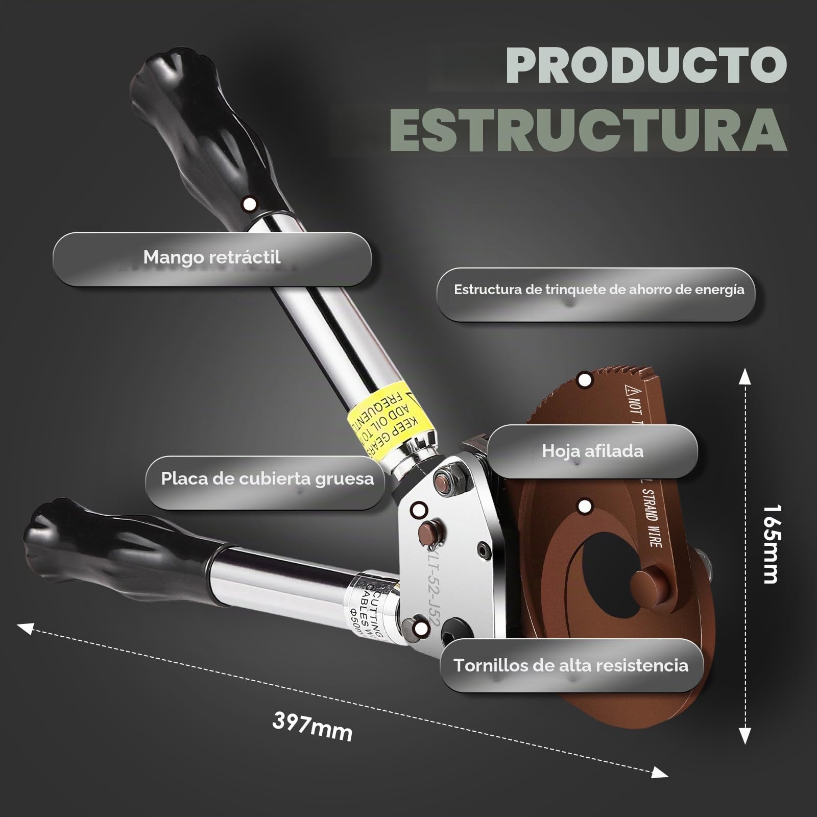 NEWTRY Cortador de cable de trinquete de uso pesado para cortar cables blindados de cobre y aluminio de hasta 500mm², herramienta eficiente para cortar cables (J52)