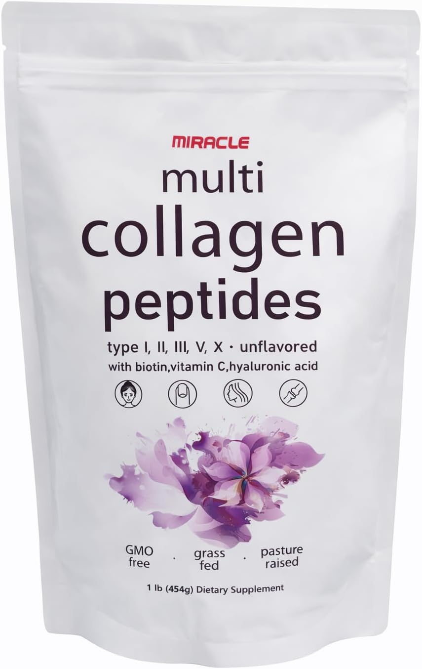 Miracle Multi Collagen Protein Powder, 1 Pound – Types I, II, III, V, X with Biotin, Hyaluronic Acid, Vitamin C – Unflavored Collagen Peptides – Keto & Paleo