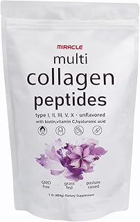 Miracle Multi Collagen Protein Powder, 1 Pound – Types I, II, III, V, X with Biotin, Hyaluronic Acid, Vitamin C – Unflavored Collagen Peptides – Keto & Paleo