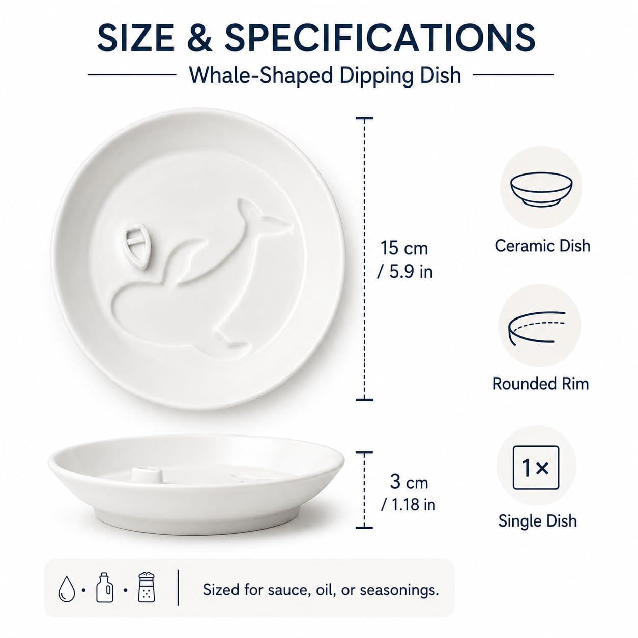 Lot de 10 plats à sauce soja en céramique blanche en forme de baleine, 15 cm pour huile d'olive, vinaigre