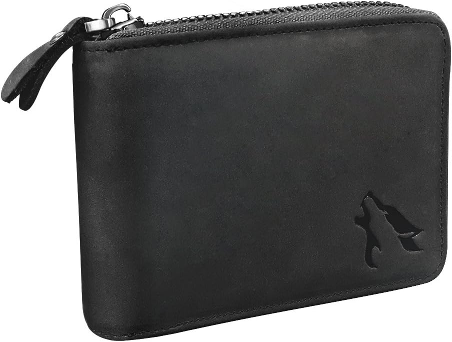 Men's Real Genuine Leather RFID Blocking Heavy-Duty Zip Around Bifold Wallet, Full Grain Leather Charcoal Black