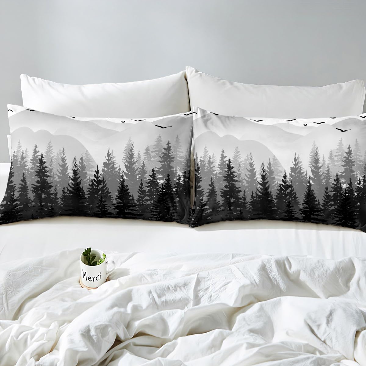 Feelyou Kids Nature Bedding Set Black and White Tree Mountain Duvet Cover Twin Size for Women Men Bedroom Natural Woodland Decor Comforter Cover Set Wild Style Bedspread Cover with 1 Pillow Case