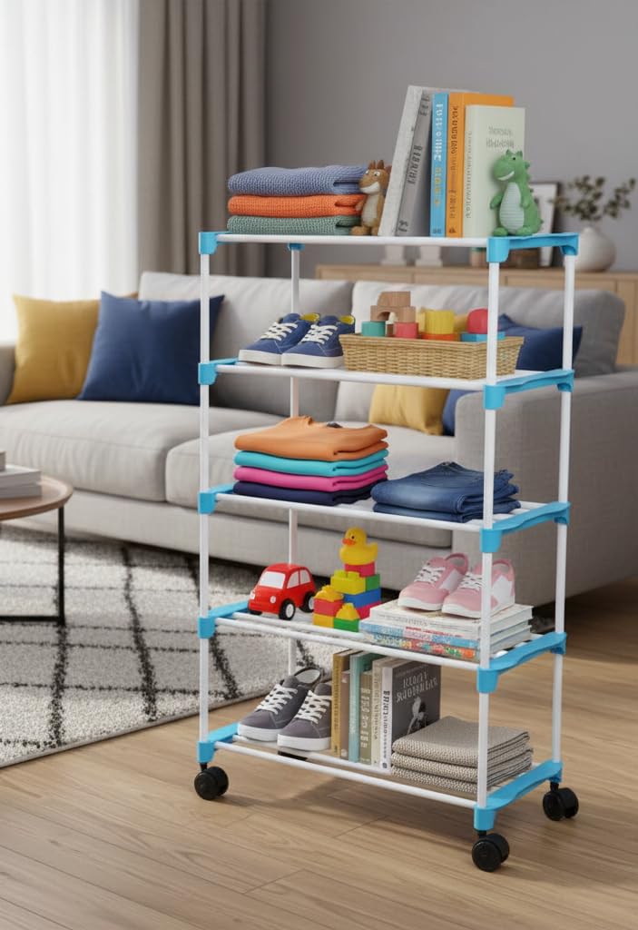 FLIPZON Premium Multipurpose Metal, Plastic Smart Shoe Rack with Wheels (Need to Be Assemble - DIY-DO-IT-Yourself) (5 Shelve, Blue & White)-picture-11