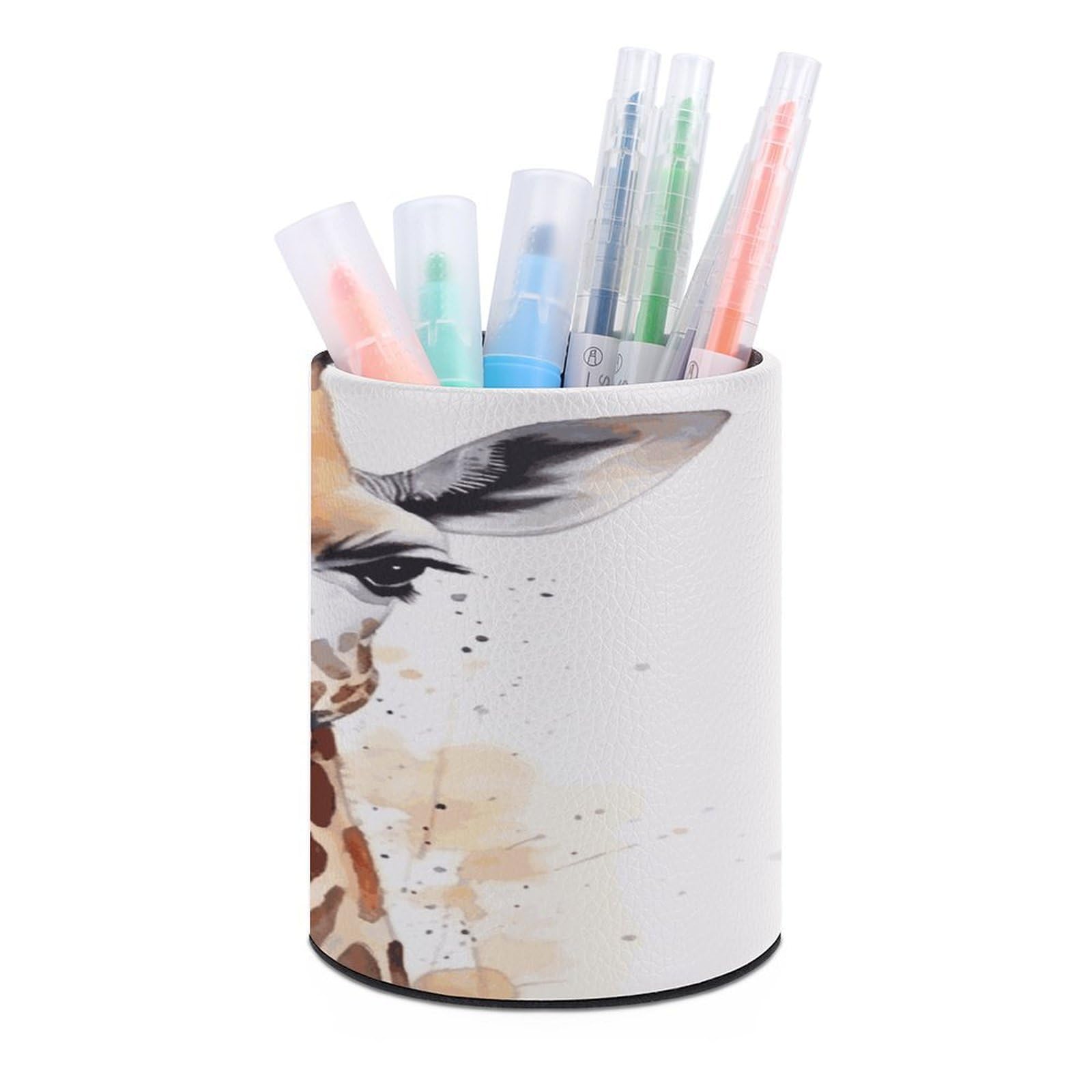 LDGSUPH Stylish Animal Watercolor Giraffe Round Pen Holder Leather Pen Cup Pencil Cup Pen Organizer Pencil Holder for Desk Organizer Pencil Organizers Makeup Brush Holders for Home Office Gift