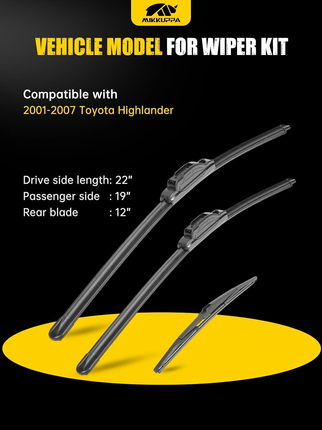 MIKKUPPA 22"+19"+12" Windshield Wipers Blades Replacement for 2001-2007 Toyota Highlander, U/J HOOK Front & Rear All Season Wiper Blades Set(Pack of 3)