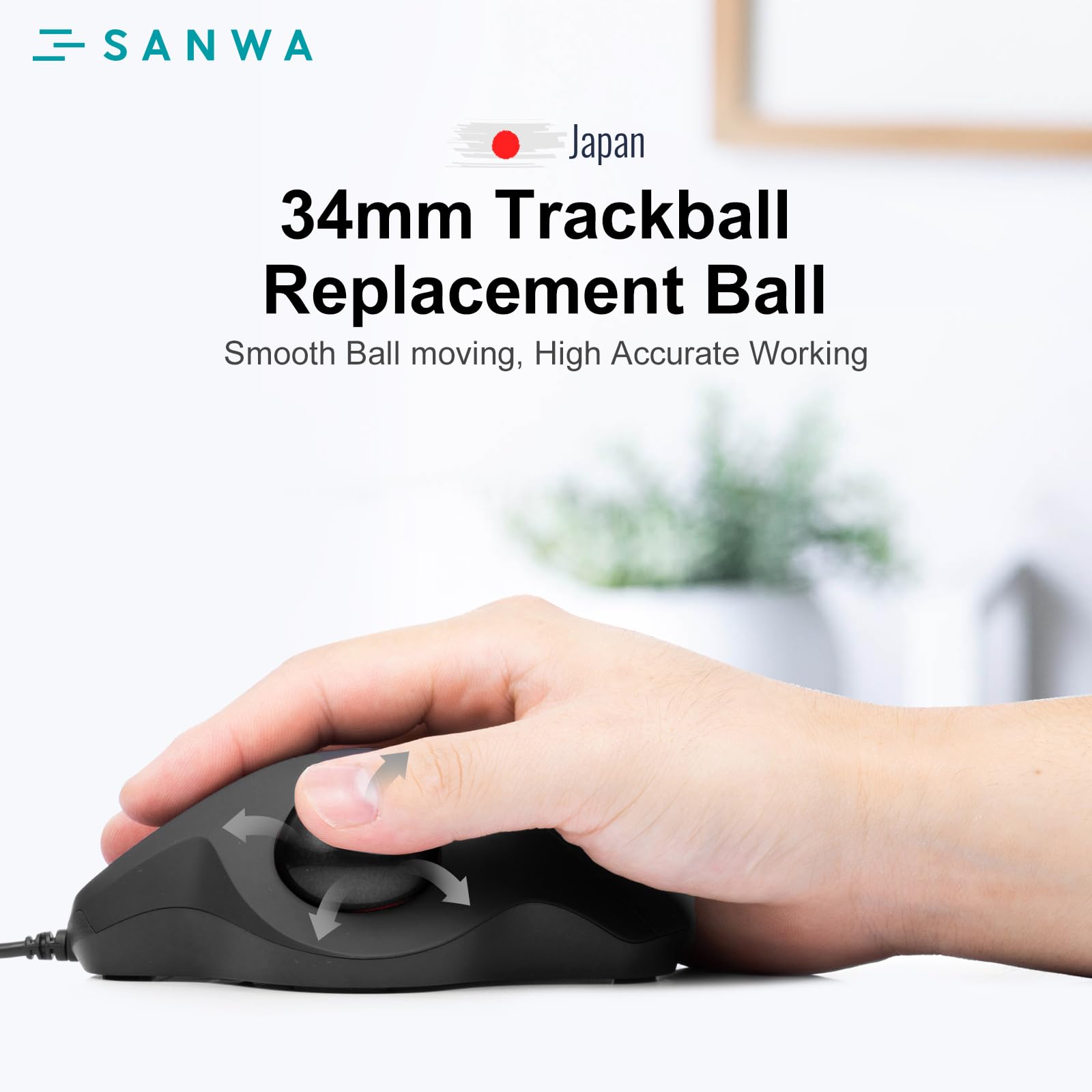 SANWA Trackball 34mm/1.34in, Bille de Remplacement pour Logitech M575, M570, MX Ergo, Perixx, Kensington et Autres Souris Trackball Compatibles, Noir Brillant