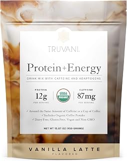 Truvani Protein + Energy Drink Mix with Caffeine & Adaptogens | USDA Certified Organic, Vegan, Non-GMO, & Gluten Free | Vanilla Latte (20 Servings)