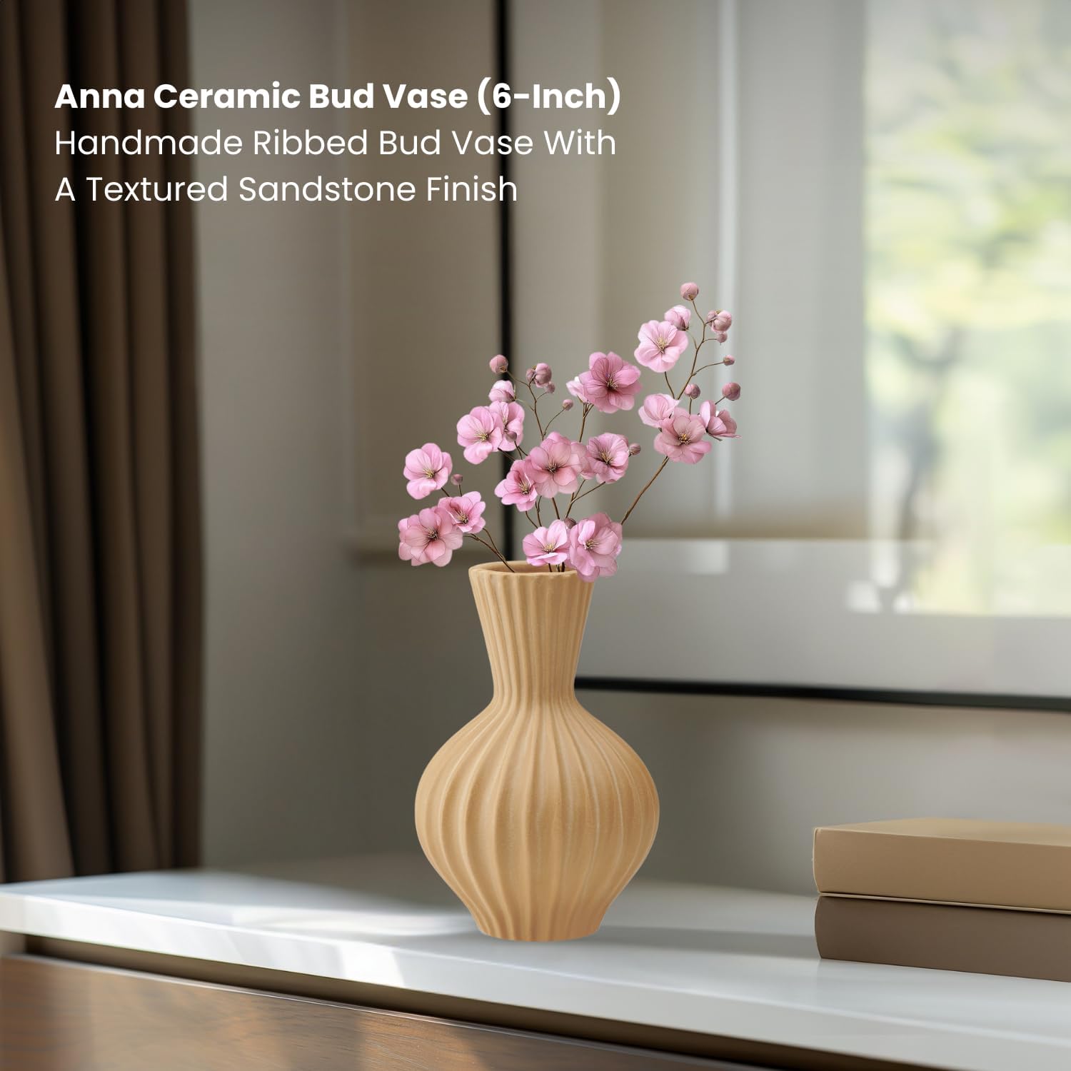 Torre & Tagus 6" Ribbed Ceramic Bud Vase for Flowers - 6 Inch Small Flower Vase & Small Ceramic Vases for Flowers, Handmade Ribbed Bud Vases for Home Decor & Wedding Decor for Table (Anna Sandstone)