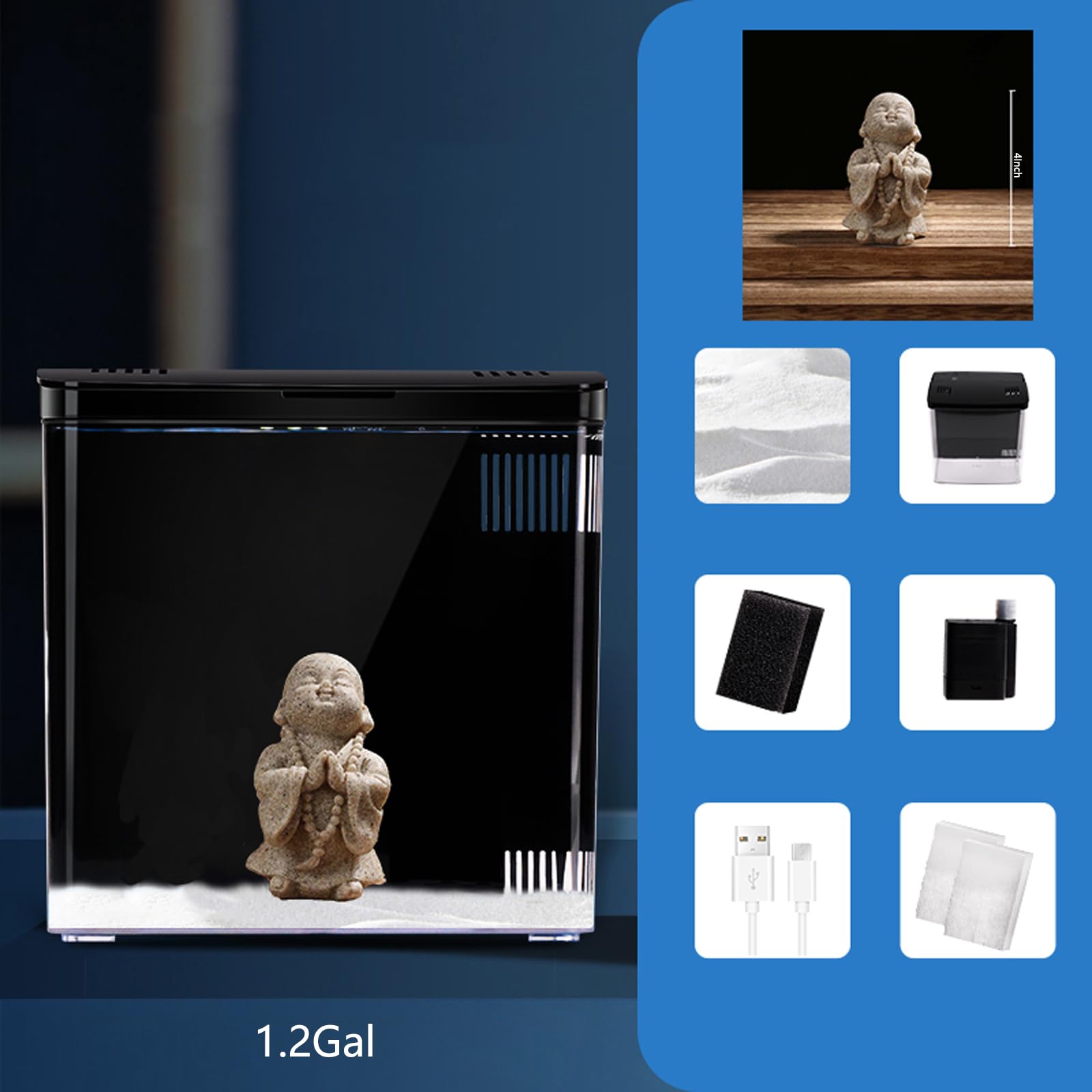 Carefree Fish 1.2Gallon Black Tiny Fish Tank Office USB Piccolo acquario Betta luce LED con filtro (include sabbia e piccolo Buddha)