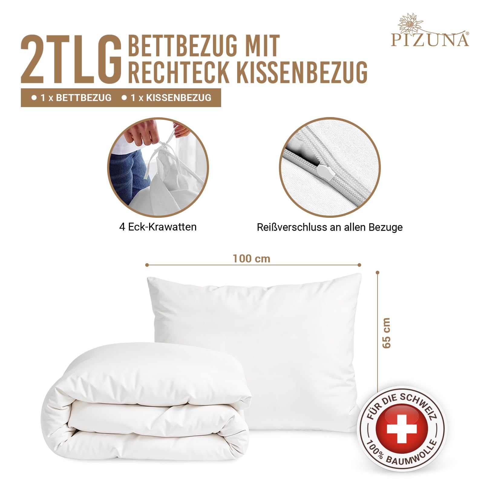 Pizuna 800 Fadenzahl aus Luxus Bettwäsche Weiß, 100% Langstaple Baumwolle Bettbezug und Kissenbezug, 100% Baumwolle Mako Satin 2-Teilig Bettwäscheset 160x210 + 65x100 Weiß Mako Satin