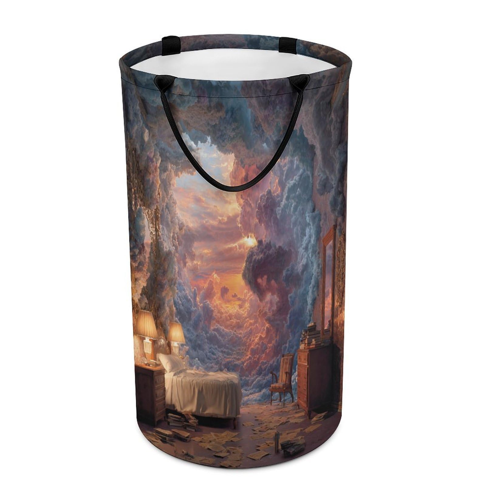 LUYYSKY Beautiful Classic Colorful Cloud Collapsible Dirty Clothes Basket, Retro Oil Painting Natural Landscape Sunrise Pattern Portable Clothes Storage Laundry Basket-40 CM Dia, 69 CM High