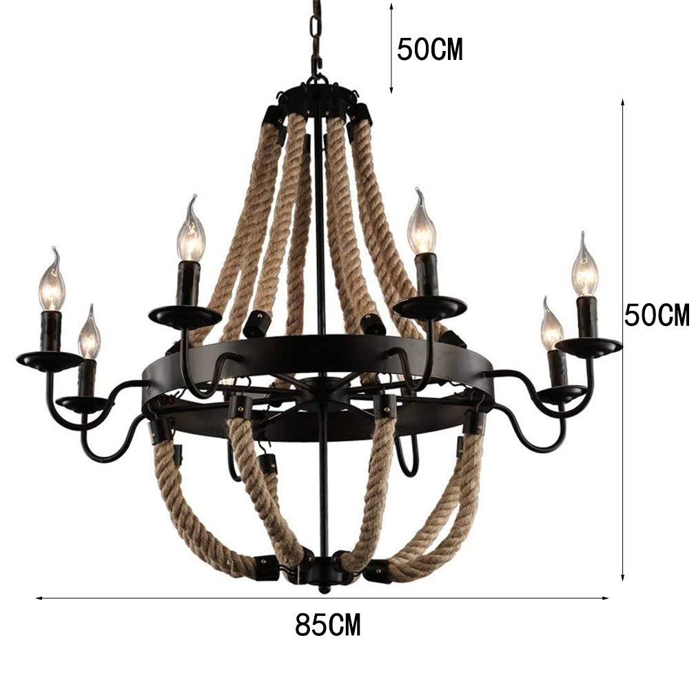 Rustikal Pendelleuchte Kronleuchter Schwarz industrial Vintage Hanfseil Hängelampe Esszimmerlampe Klassisch Retro Wohnzimmerlampe Landhaus Arbeitszimmer Lüster, 8-flammig E14, Höhenverstellbar, D85CM