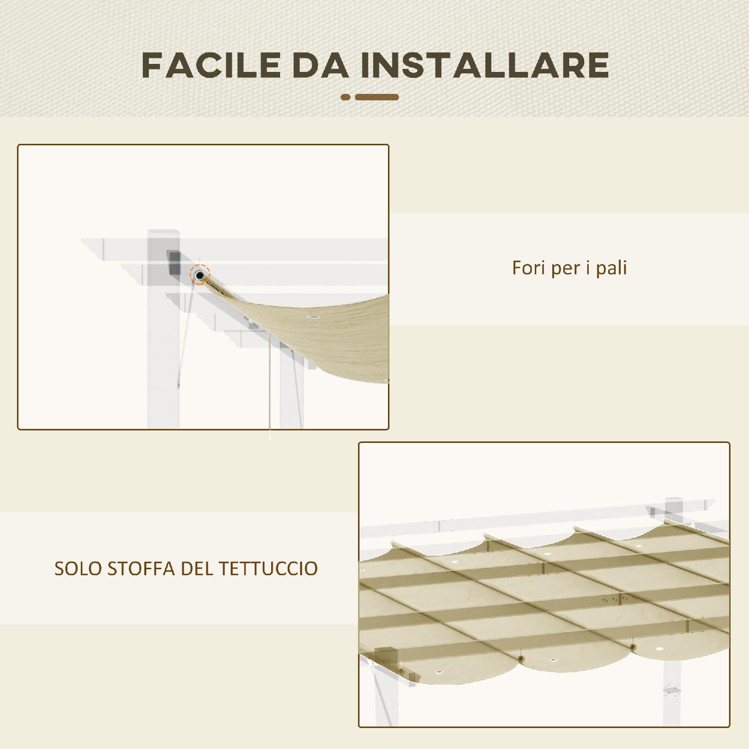 Copertura Gazebo 4x3 m Pergola in Poliestere Traspirante Beige con 10 Fori di Drenaggio