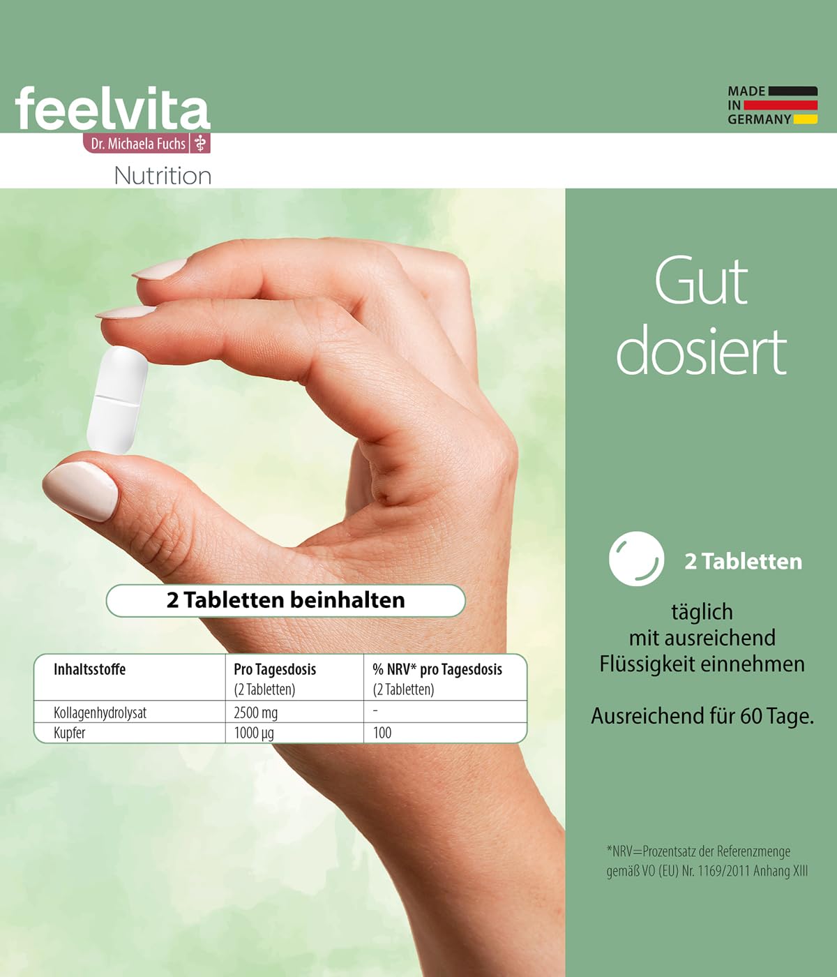 Genius Feelvita Nutrition Kollagen Beauty Tabletten- hochdosiertes Kollagenhydrolysat angereichert mit Kupfer- Zur Erhaltung des normalen Bindegewebes, 2-Monatsvorrat (120 Tabletten)- Made in Germany