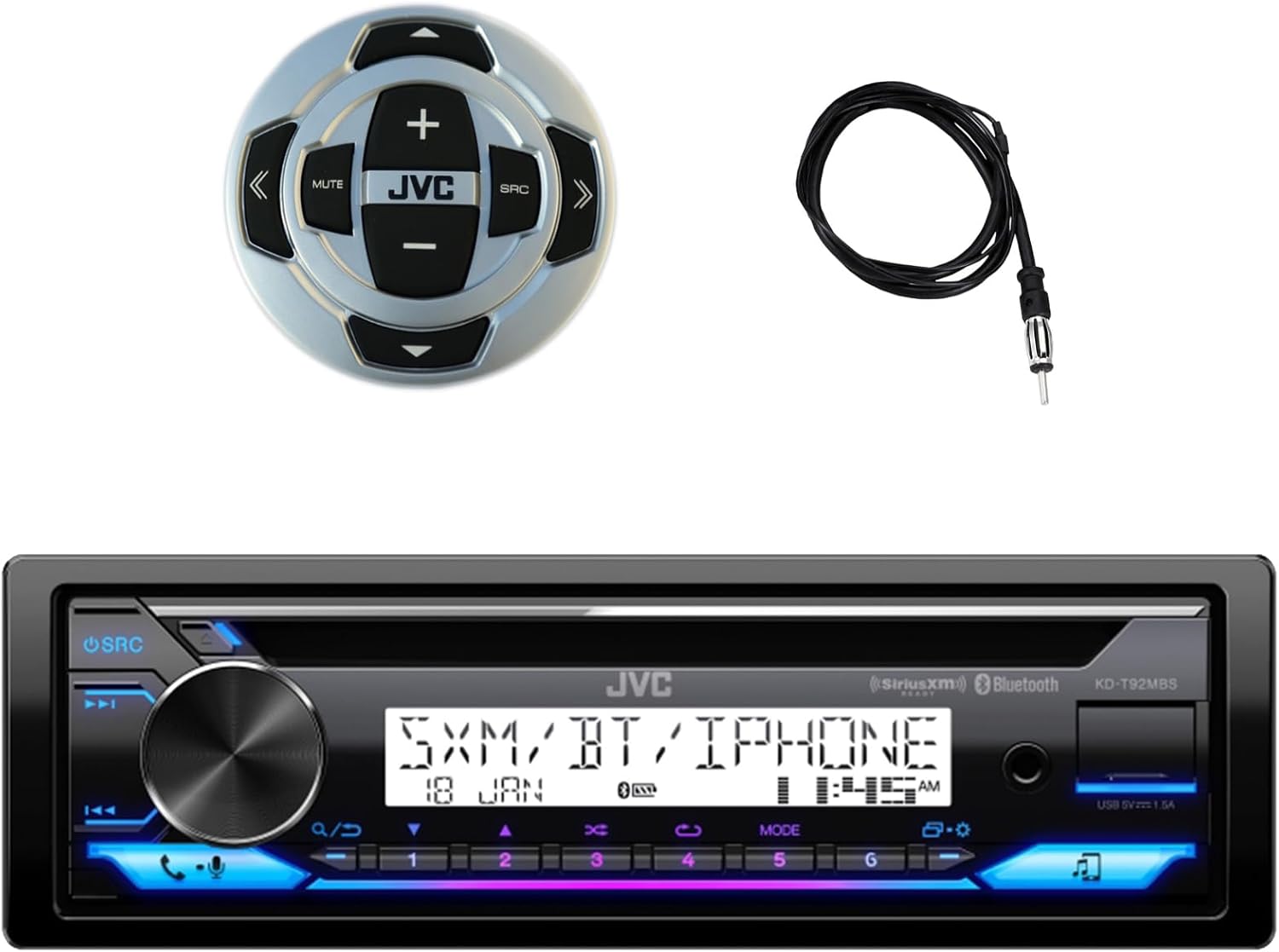 JVC Single DIN Marine MotorSports Bluetooth USB AUX AM/FM Stereo CD Player Receiver with Wired Remote Control, 40" Antenna