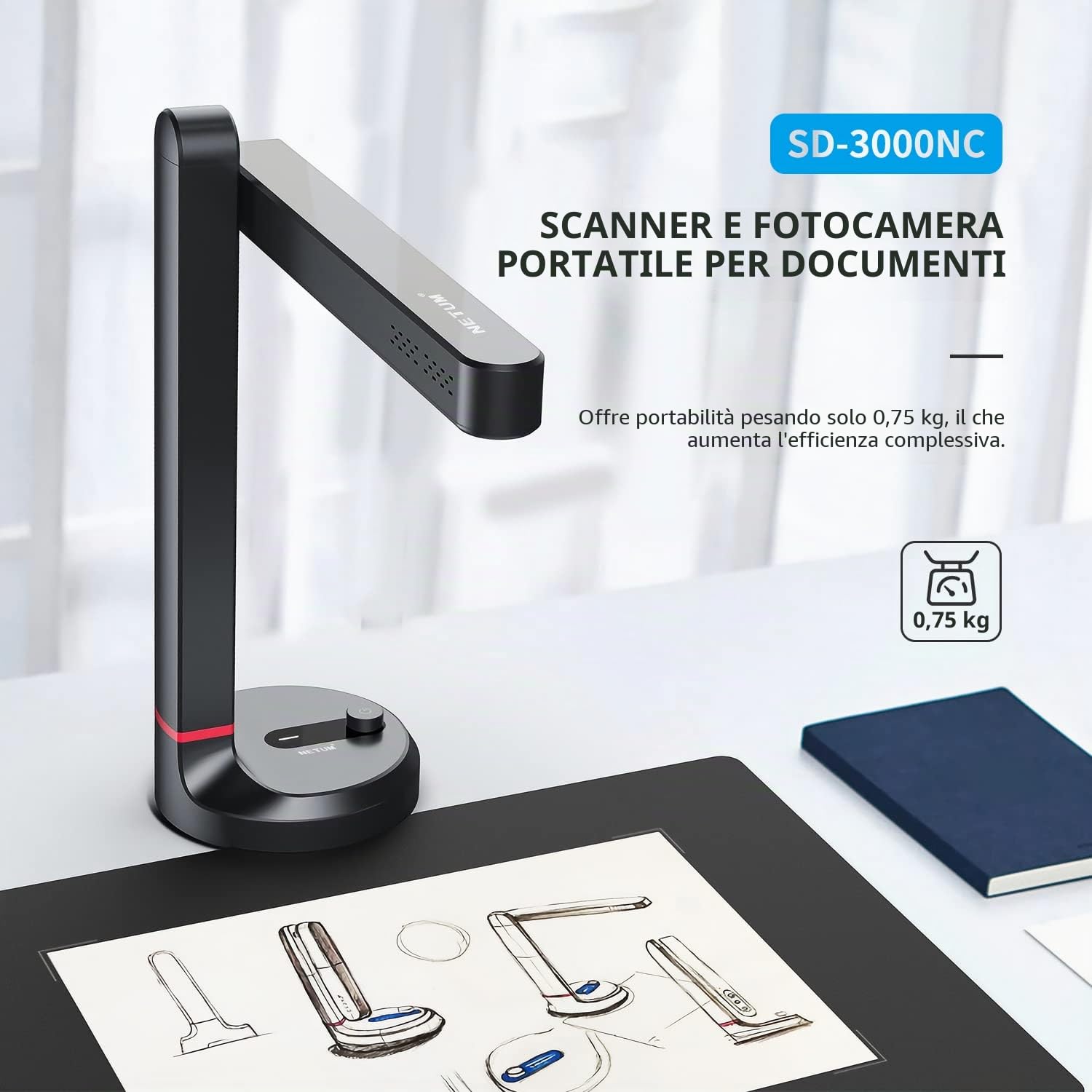 NETUM Fotocamera e scanner per documenti, scanner per libri, formato A4, fotocamera per documenti USB da 8 MP con messa a fuoco automatica, OCR multilingue, compatibile con Windows (SD-2000NC)